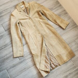 Vintage 70s Wet Seal leather coat M tan patchwork midi western boho southwestern